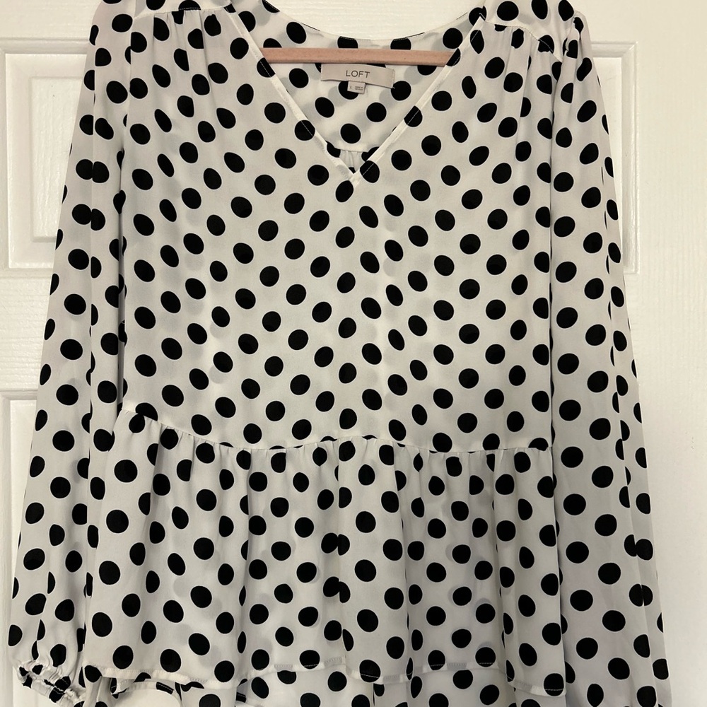 LOFT White and Black Polka Dot Blouse